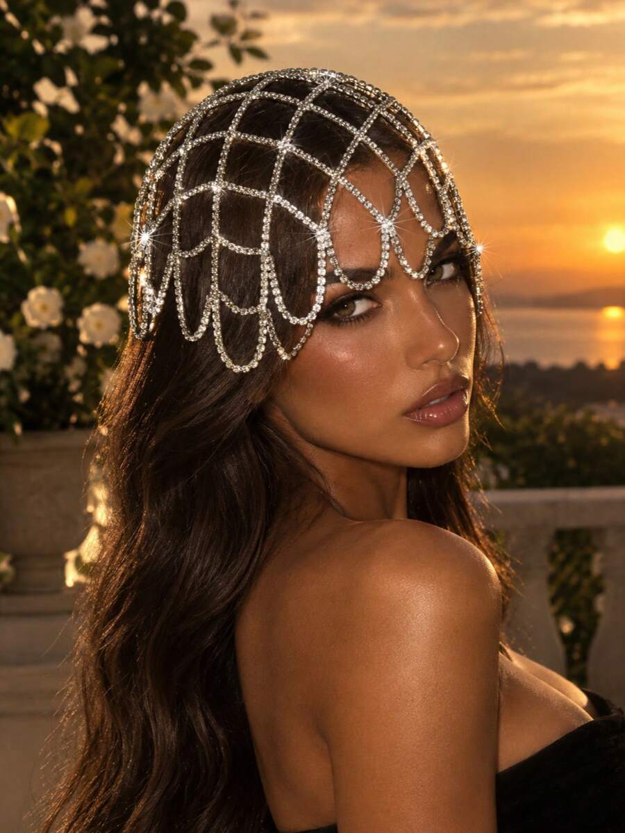 Bohemian Fashion Hollow Mesh Head Chain, Shiny Jewelry Accessory For Women's Banquet And Party - Silver - View 1