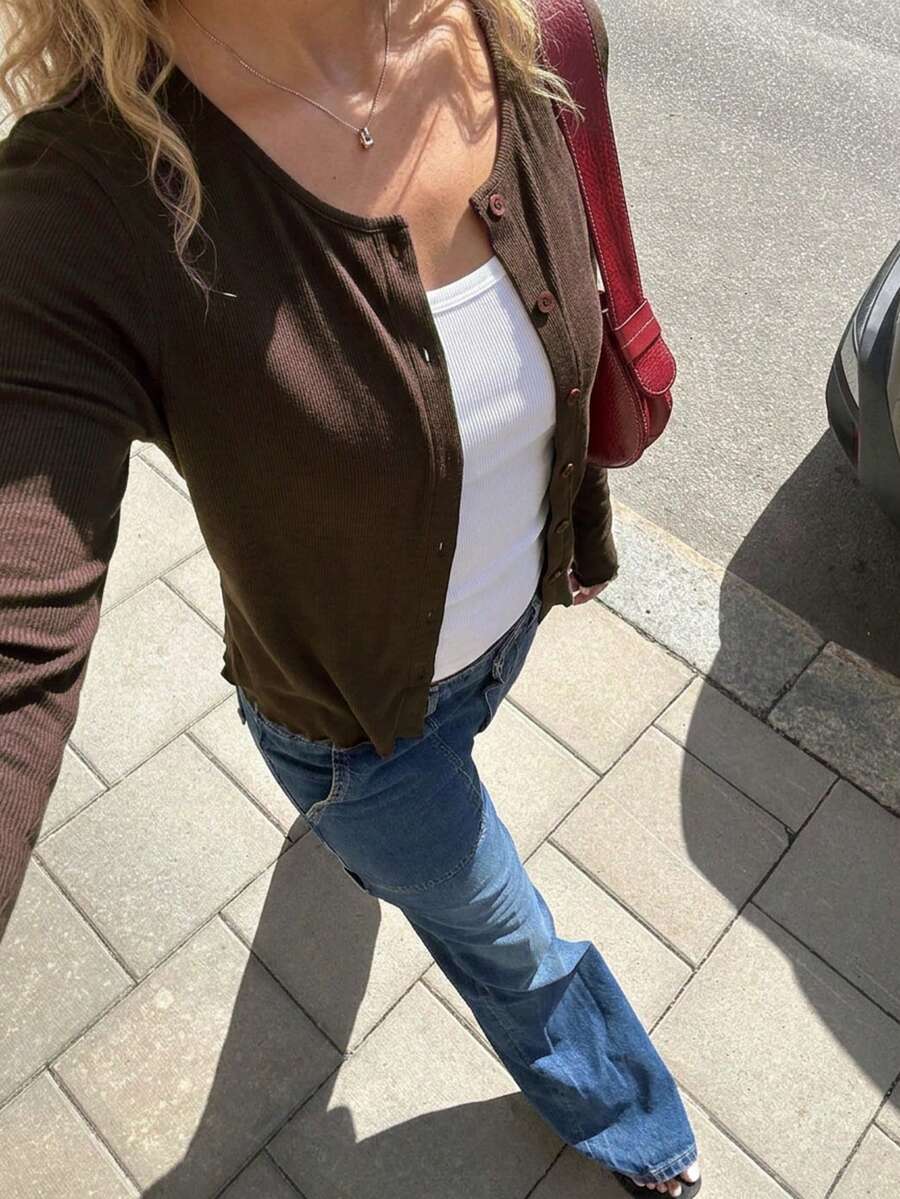 Women's Autumn/Winter Fashion Cardigan Button-Up Top, Slim Fit Long Sleeve Ruffle Trim T-Shirt - Brown - View 1