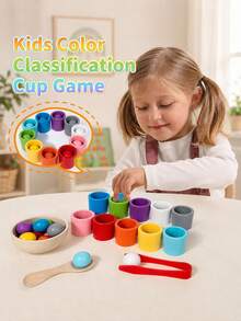 1 pieza Juguete de taza con bola arcoíris, juego de emparejamiento de madera para preescolar, aprendizaje de clasificación de colores y conteo - Multicolor - Ver 9