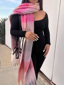 1pc Fashionable Multi-Color Plaid Wool Warm Scarf, Designed For Women, Bohemian Style, Suitable For Daily Wear, Can Resist Cold Wind And Also Serve As A Comfortable Blanket-Style Scarf. Essential Item For Autumn/Winter, Suitable For Both Men And Women. - Pink - View 4
