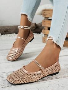 Hollow Woven Mesh Breathable Square Toe Mary Jane Flat One-Strap Retro Loafers - Champagne - View 2