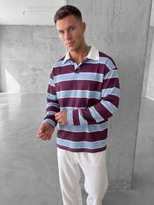 Men's Purple & Blue Colorblock Gradient Striped Polo Collar Long Sleeve Casual Retro Top, Suitable For Commute, Campus And Daily Wear, Spring/Autumn - Blue - View 2
