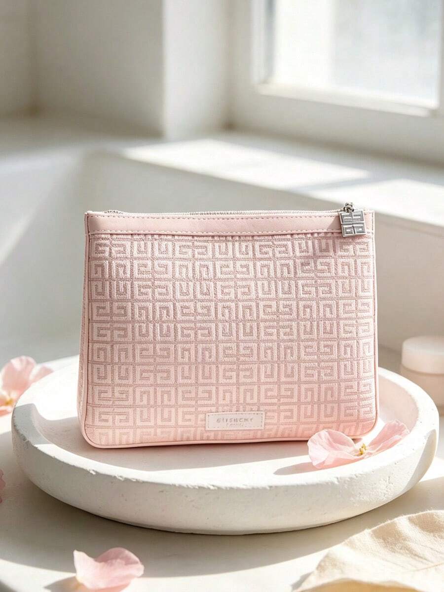 Givenchy Parfums Black/Pink Jacquard Logo Makeup Bag Portable Travel Zippered Cosmetic Storage Pouch Multi-Functional Toiletry Organizer Elegant Women's Holiday Gift - Pink - View 1