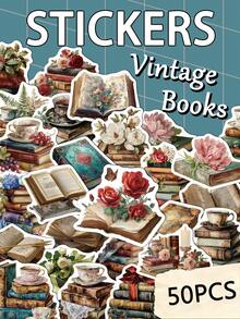 50pcs Vintage Book Stickers For Planners Notebooks Laptop Cases Phone Cases Suitcases And Guitars Stickers - A - View 8