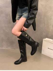 Cool Chic Multi-Buckle Decor High-Top Women's Boots Square Toe Ruched Fabric Shaft Casual Long Boots - Black - View 2