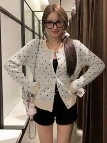 女款圓領針織開襟衫，寬鬆慵懶顯瘦短版夾克上衣 - 杏色 - 查看 4