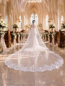 1pc Elegant Vintage Lace Bridal Veil With Metal Comb, Perfect For Vienna Cathedral & Church Weddings - Straight White - View 12