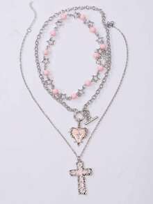 3pcs Vintage Gothic Style Pink Personalized Thorn Rose Cross Heart Star Pendant Cross Necklace Set For Women - Pink - View 4