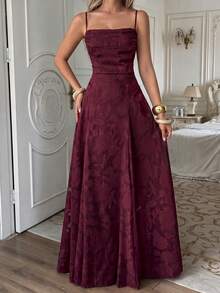 Unadoll Women's Autumn Burgundy Floral Jacquard Spaghetti Strap Backless Tie A-Line Maxi Dress, Suitable For Party, Wedding Guest And Date Night - Burgundy - View 9