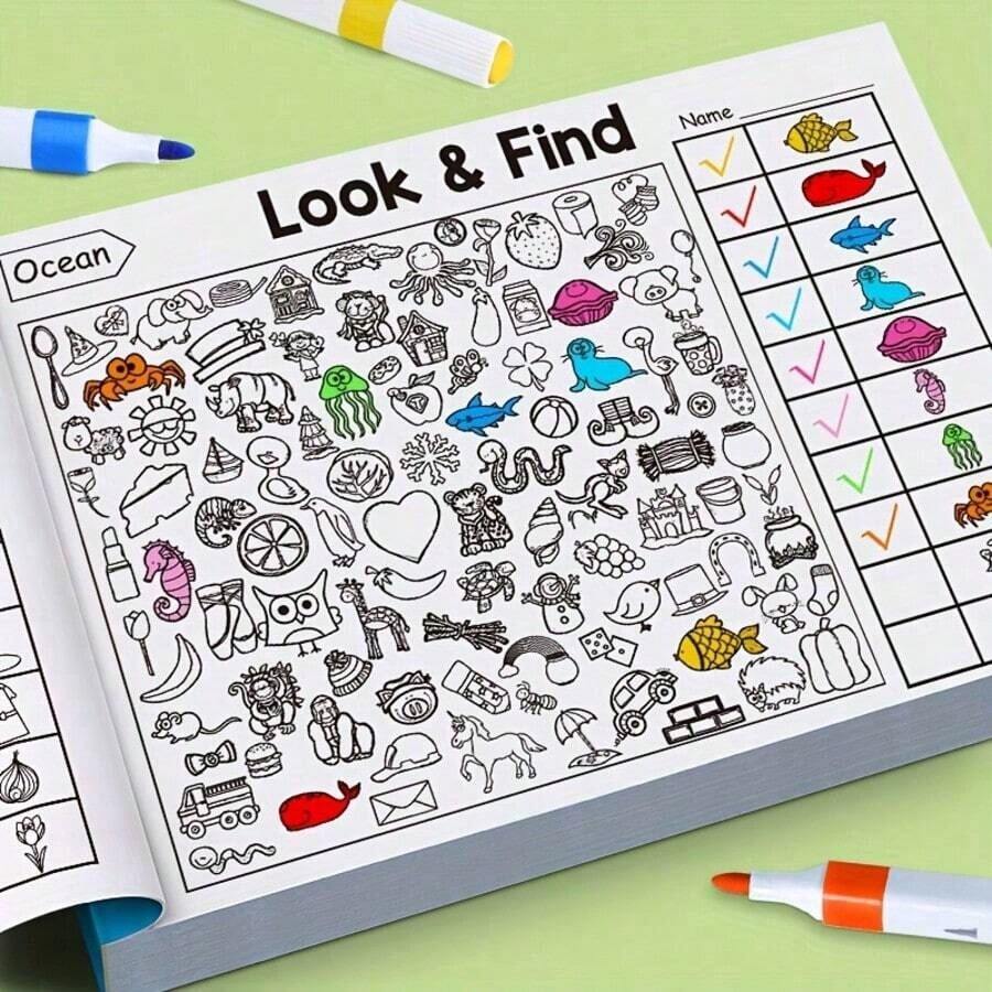 1book 32 Pages Seek & Find Game Book, Sudoku & Memory Puzzles, Color Recognition, Durable Travel Cards For Home/School, Back To School & Holiday Gift - Multicolor - View 1