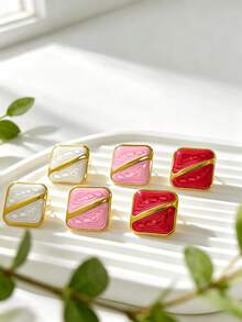 Multi-Color Square Enamel Stud Earrings Set, Stainless Steel Textured Geometric Women's Earrings, Low Sensitivity Fade-Resistant, Fashionable Versatile Eye-Catching - Multicolor - View 9