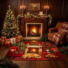 1pc Christmas Series Fireplace Cat & Dog Warm Pattern Printed Faux Wool TPR Bottom Door Mat, Bathroom Mat, Kitchen Mat, Laundry Room Mat, Holiday Atmosphere Decor, Home Decor, Party Decor, Wedding Decor, Dining & Kitchen Decor - Multicolor - View 3