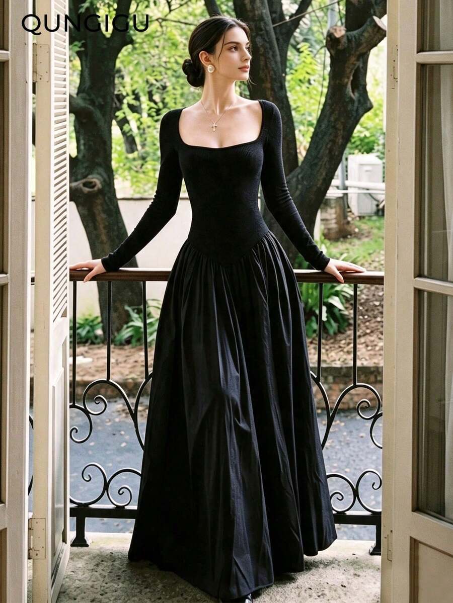 QUNGIGU Elegant Women Square Neck Maxi Dress Long Sleeve Cinched Waist Flared Hem For Fall Winter Going Out Dating Daily Wear - Black - View 1