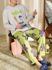 Gongdie SpongeBob SquarePants 2 Pieces SpongeBob Patrick Men's Pajama Set,Fall Gray Soft Cotton Loungewear With Pocket - Light Grey - View 4
