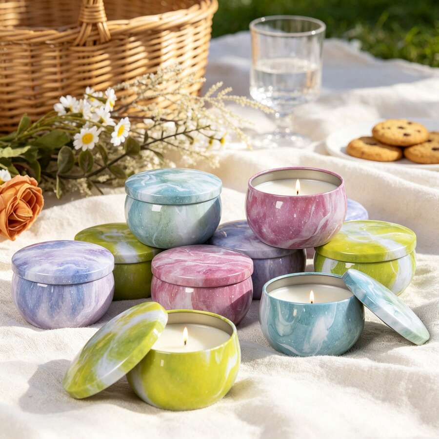 HIZTGHC 16pcs 2.2oz Marble Pattern Candle Jars With Lids, Round Empty Candle Containers, Colorful Metal Candle Holders, DIY Candle Making, Handmade Crafts And Gift Storage Jars - Multiple Styles - View 1