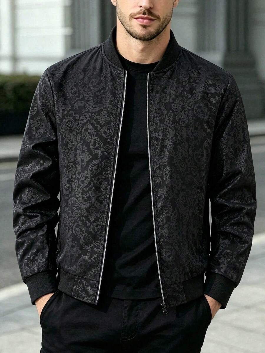 New Men's Casual Stand Collar Jacket -- Zipper Front With Elastic Cuff Design, Suitable For Streetwear And Daily Wear, Perfect Gift For Family And Friends - Black - View 1
