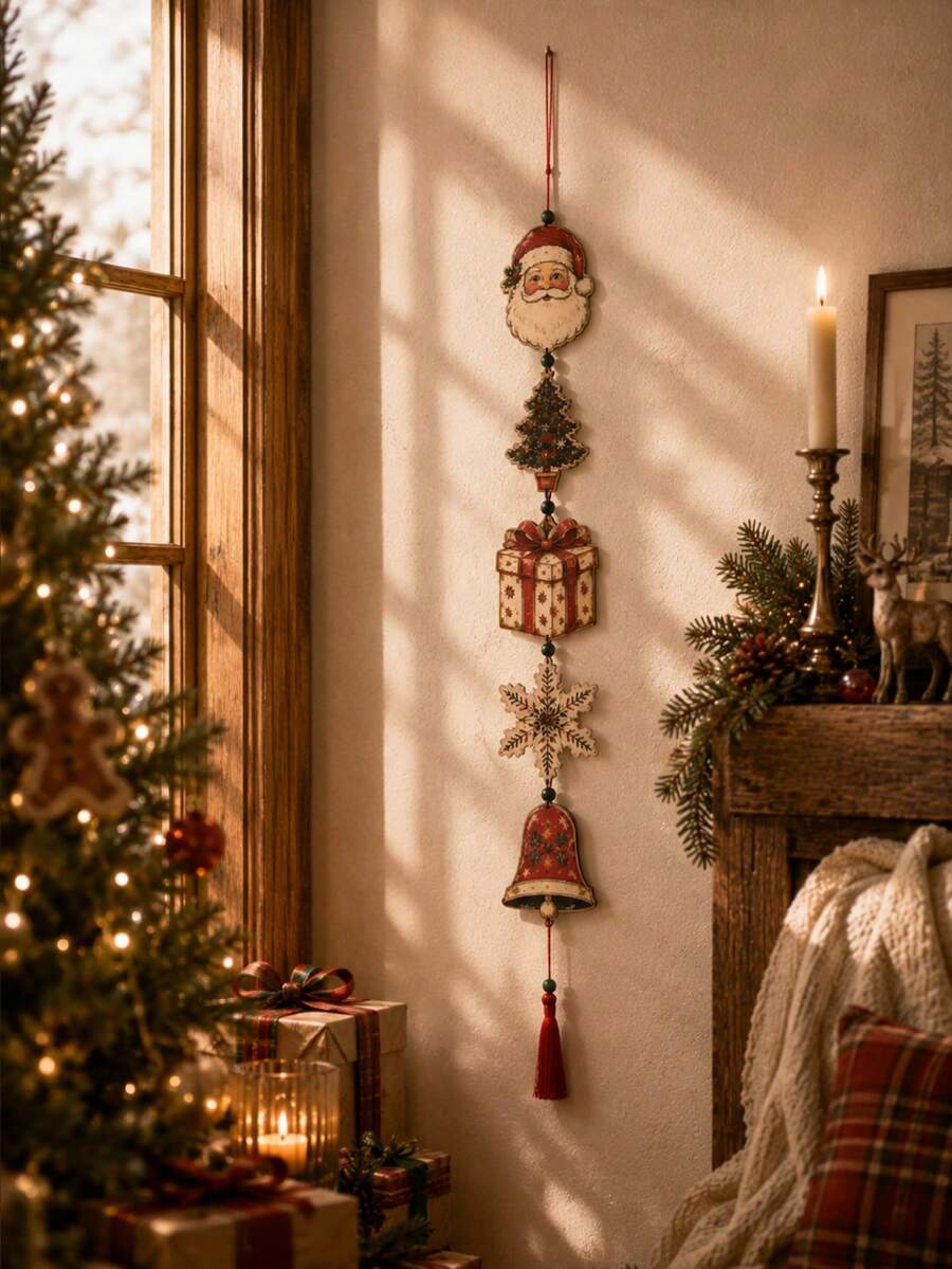 1PC Christmas Wall Hanging Decoration, Vintage Style Multi-Element Printed Garland With Red Cardinal, Lantern, Cottage And Bell Patterns, For Entryway Home Holiday Display - A - View 1