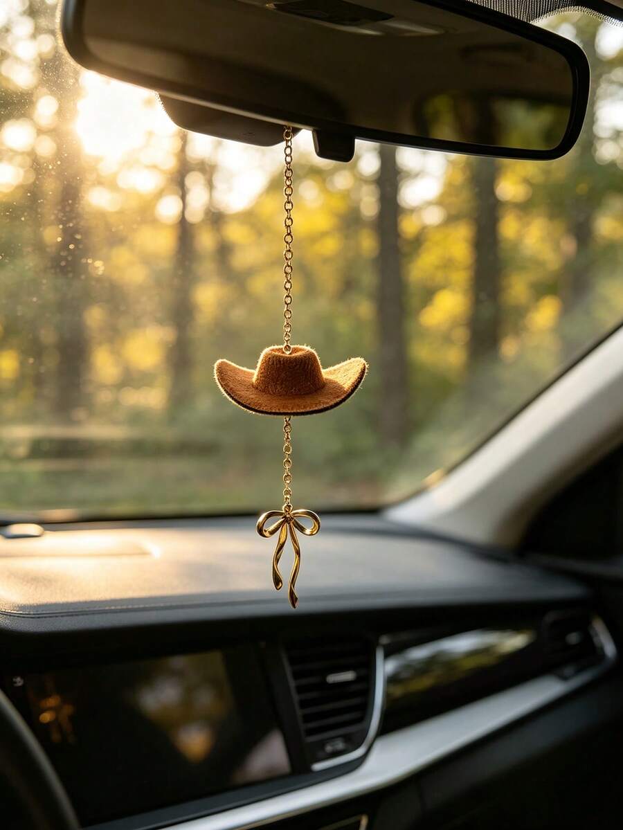 1pc Western Cowboy Hat Bow Pendant Car Interior Hanging Decoration, Car Decoration Accessory, Car Interior Ornament - A - View 1