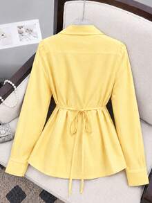 Plus Size Women's Spring/Autumn New Solid Color French V-Neck Tie Waist Casual Long Sleeve Blouse Yellow - Yellow - View 2