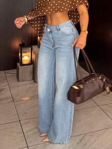 Cross-Border European And American High Street Style Asymmetrical Waist Design, Loose Casual Straight Leg Denim Jeans For Women - Medium Wash - View 5