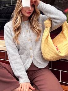 Women's Cute Comfortable Plush Knit Cardigan, Button Front Long Sleeve Sweater, Suitable For Halloween, Thanksgiving And Christmas Dates Fall - Grey - View 2