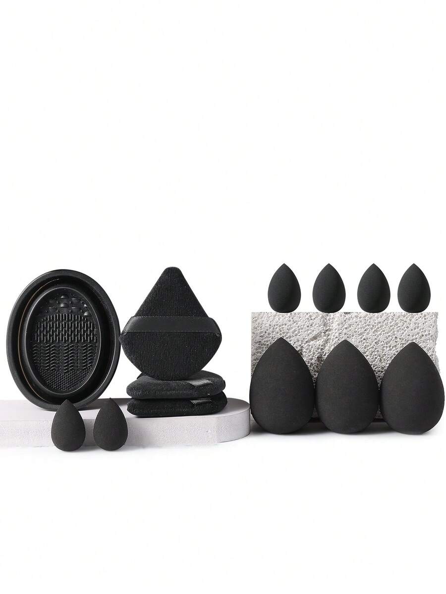 13 Pcs Total Black Makeup Accessory Set, Includes Beauty Sponges, Powder Puffs And Silicone Brush Cleaning Bowl. High Density Sponge Absorbs Less Foundation, Wet And Dry Dual Use For Natural Flawless Base Makeup - Black - View 1