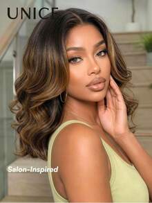 UNice 7x5 Bye Bye Slip™ Lace Brown Gradient Highlighted Big Wave Bob Wig, Invisible Drawstring, Fits All Head Sizes, 150% Density, Pre-Plucked Hairline, Pre-Trimmed, Bleached Knots, Ready To Wear, Suitable For Women Beginners, Quick Wear In Summer - SNatural/2/30 - View 3
