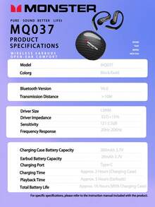Monster Maxstar MQO37 Open Ear Earbuds, Bluetooth V6.0 Wireless Ear-Hook Headphones, ENC Call Noise Reduction, Game Low Latency, IPX5 Sweatproof, Touch Control, DT Directional Sound, Sports Running Cycling Earphones Compatible With IOS AndroidWindows - View 10