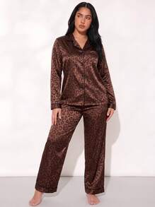 Brown Leopard Print Jacquard Women's Long Sleeve Long Pants Pajama Set - Brown - View 4