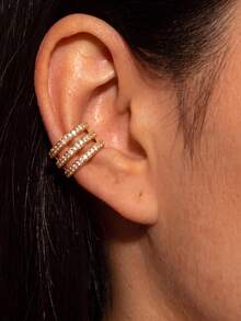 1pc Fashion Minimalist Copper Single-Row Rhinestone Ear Cuff, Suitable For Daily Wear, Dating, Party, Gathering, Versatile - Gold - View 2