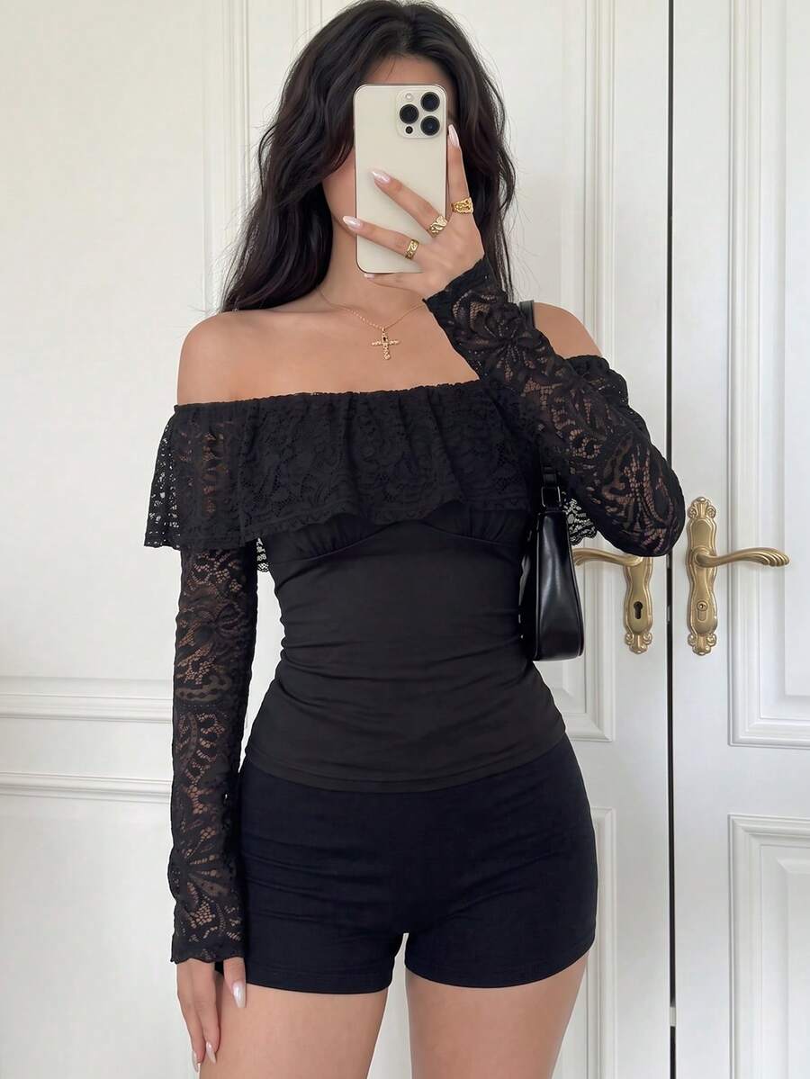 SCARLUX Women Off Shoulder Ruffled Lace Long Sleeve Top,Slim Fit Ruched Solid Black Blouse,Fall Winter Elegant Homecoming Daily Party Streetwear - Black - View 1