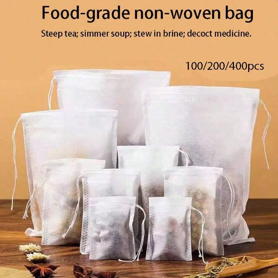 100/200/400pcs Non-Woven Fabric Bags, Multiple Sizes To Meet Different Needs, Drawstring Non-Woven Fabric Disposable Tea Bags, Medicine Bags, Herbal Decoction Bags, Coffee Filter Bags, Kitchen Accessories