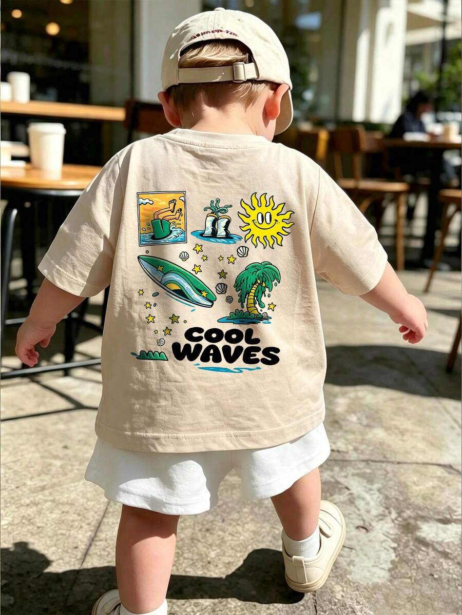 Baby Boy Summer T-Shirt "Summer Fun Time" Beach Surfing Print White Short Sleeve Casual Top, Comfortable Breathable Infant Tee - Apricot - View 1