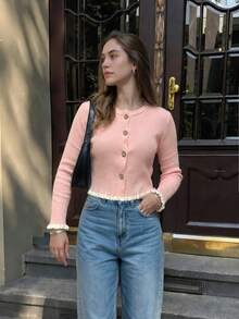 Women's Graduation Season Casual Vacation Round Neck Cream Yellow Ruffle Button Knit Pullover, Suitable For Work/Office - Pink - View 8