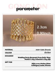 1pc Elegant Gold Wide Band Mesh Inlaid Full Cubic Zirconia Sparkling Bridal Ring, Suitable For Wedding Ceremony, Banquet, Bridal Photography, Party, Daily Wear And Gift - Golden - View 5