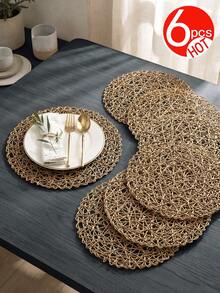Tkvega • Home 6pcs/set Coffee Handmade Knitted Hollow Out Round Modern Minimalist Style Placemat, Water-resistant, Easy To Clean, Wipeable, Non-slip, Heat-resistant, For Dining Table, Holiday, Wedding, Party, Festival Decoration - Brown (6 Pieces) - View 7
