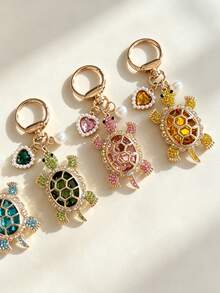 Full Rhinestone Cute Artificial Crystal Turtle Car Key Chain Creative Heart-Shaped Faux Pearl Car Key Ring Pendant Key Accessory Car Key Home Key Ring Decorative Pendant - A - View 2