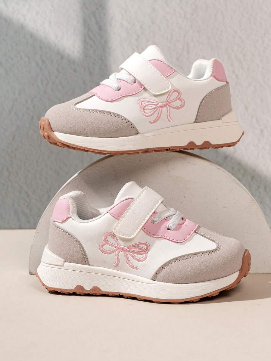 1 Pair Boys & Girls Style Sneakers, Bowknot Hook & Loop Easy On/Off, Wide Toe, Soft Sole, Non-Slip, Comfortable, Versatile, Suitable For Spring/Autumn Outdoor, Indoor, School And Party Wear - Pink - View 1