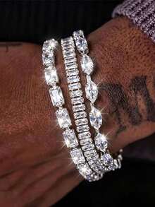 Vintage White Zirconia Tennis Chain Bracelet With Gemstone Beads - Classic Fashion Accessory - Silver White - View 1