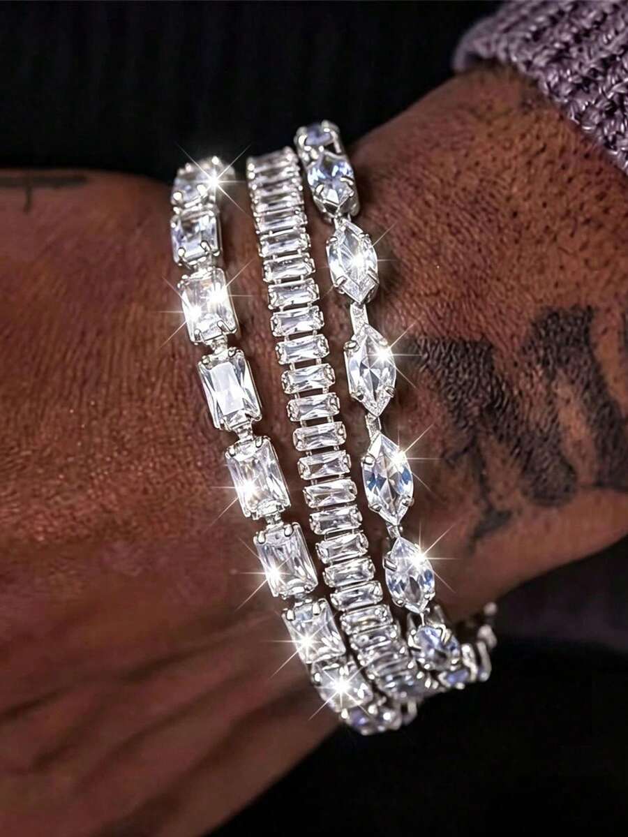 Vintage White Zirconia Tennis Chain Bracelet With Gemstone Beads - Classic Fashion Accessory - Silver White - View 1