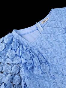 Elegant Plus Size Women Light Blue Floral Lace A Line Midi Dress Asymmetrical Neck Ruffle Short Sleeve Formal Church Wedding Guest Party Gown - Baby Blue - View 4