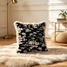 1PC French Floral Print Pillow Cover With Tassel Border, Double-Sided Decorative Pillowcase, Black Background White Flower Pattern, Home Decoration, Sofa, Bed, Bedroom(Excluding Pillow Core)-Size Excludes 3cm Tassels - Multicolor - View 7