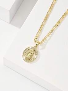 1PC European & American Classic Copper Inlaid Zirconia Vintage Gold Small Size Layered Wear Pattern Guadalupe Virgin Mary Medal Guardian Light Limited Edition Pendant Necklace, Suitable For Christmas/Thanksgiving/Halloween/Mother's Day/Valentine's Day Couples/Friends/Fellow Believers Gift, Catholic First Communion, Gift, Daily & Holiday Wear Prayer - Yellow Gold - View 5
