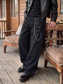 Celana Jeans Pria Hitam Kaki Lebar, Dekorasi Mata Itik Logam dengan Rantai Celana Lepas Pasang Gaya Punk Street Denim - Hitam - View 1