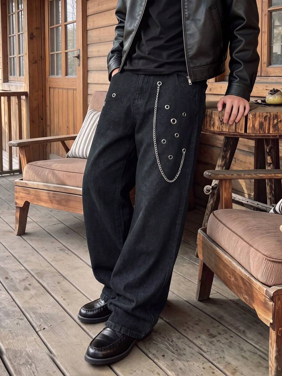 Celana Jeans Pria Hitam Kaki Lebar, Dekorasi Mata Itik Logam dengan Rantai Celana Lepas Pasang Gaya Punk Street Denim - Hitam - View 1