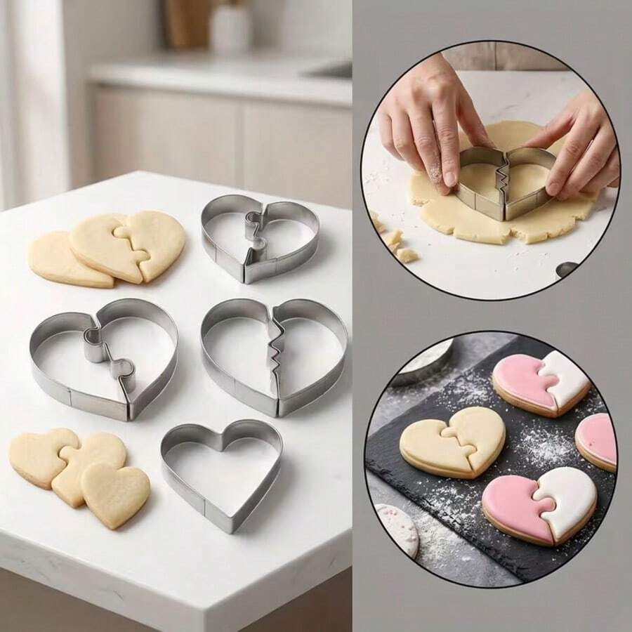 Creative Heart Puzzle Shaped Cookie Cutter 430 Stainless Steel Cookie Baking Cutter Heart Double Puzzle Fondant Stamp Mold, Suitable For Romantic Valentine's Day And Party Themes, Baking, Cheese, Cookies, Fruit, Sandwiches - Rust-Proof Metal Pastry Tool - View 1