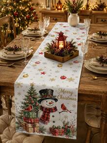 Christmas Table Runner, Pillow Case, Placemat, Winter Snowman Red Cardinal Christmas Tree Gift Box Pattern, Gold Snowflake Star Print, Vintage Country Style, Suitable For Home Dining Room Party Indoor Outdoor Winter Holiday Decoration - Multicolor - View 2