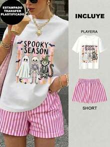 Women Two-Piece Outfits - 2 Playera Blanca con Short Rayas Rosa con Blanco - View 1