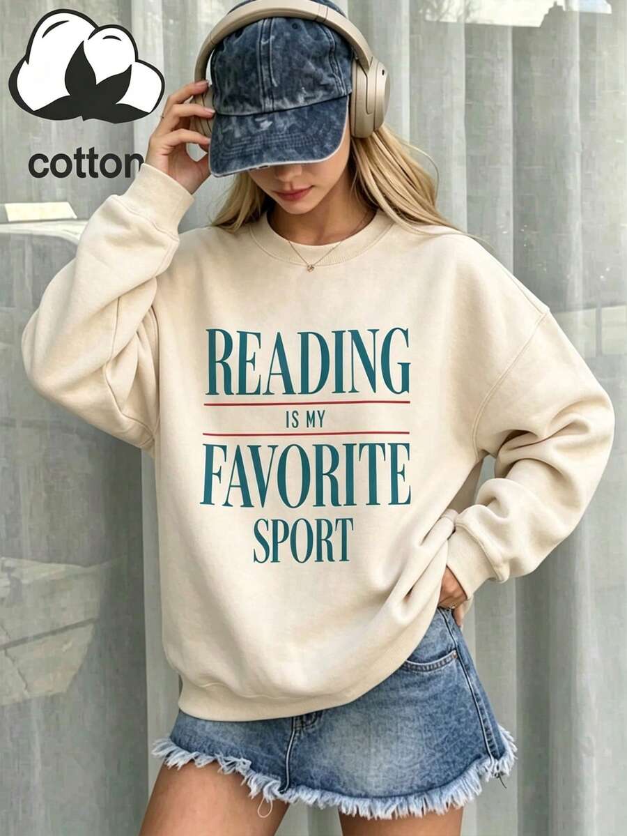 Women's READING Slogan Print Fall Winter Casual Crew Neck Long Sleeve Sweatshirt Top - Apricot - View 1