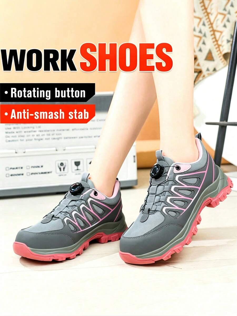 Women's Steel Toe Sneakers, Anti-Smash & Puncture-Proof, Rotating Quick-Lace Button, Lightweight Comfort Soft Sole Work Shoes, Outdoor Casual Footwear